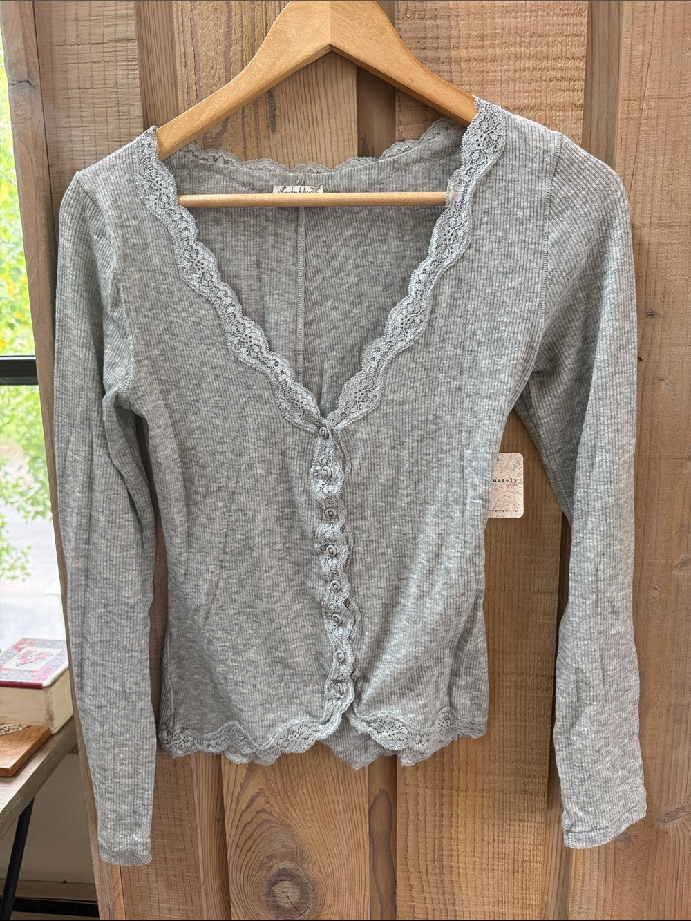 Free People Gray Ribbed Lace-Trim Button Long Sleeve Top